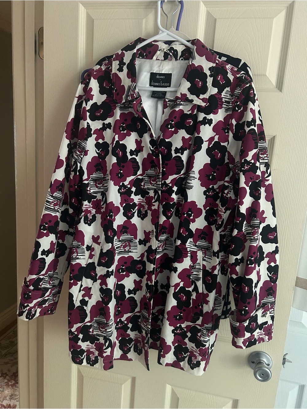dennis basso White RainJacket with Plum and Black Floral Print
